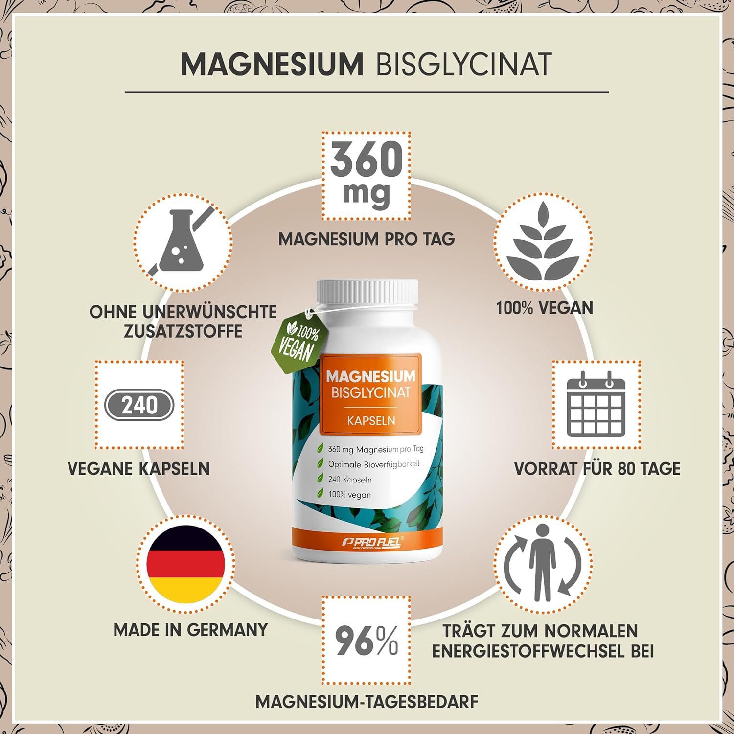 ProFuel Magnesium Bisglycinat Kapseln 240x - optimal hochdosiert & bioverfügbar - 360 mg Magnesium pro Tag - laborgeprüft mit Zertifikat - 100% vegan - Vorrat für 80 Tage - Image 3