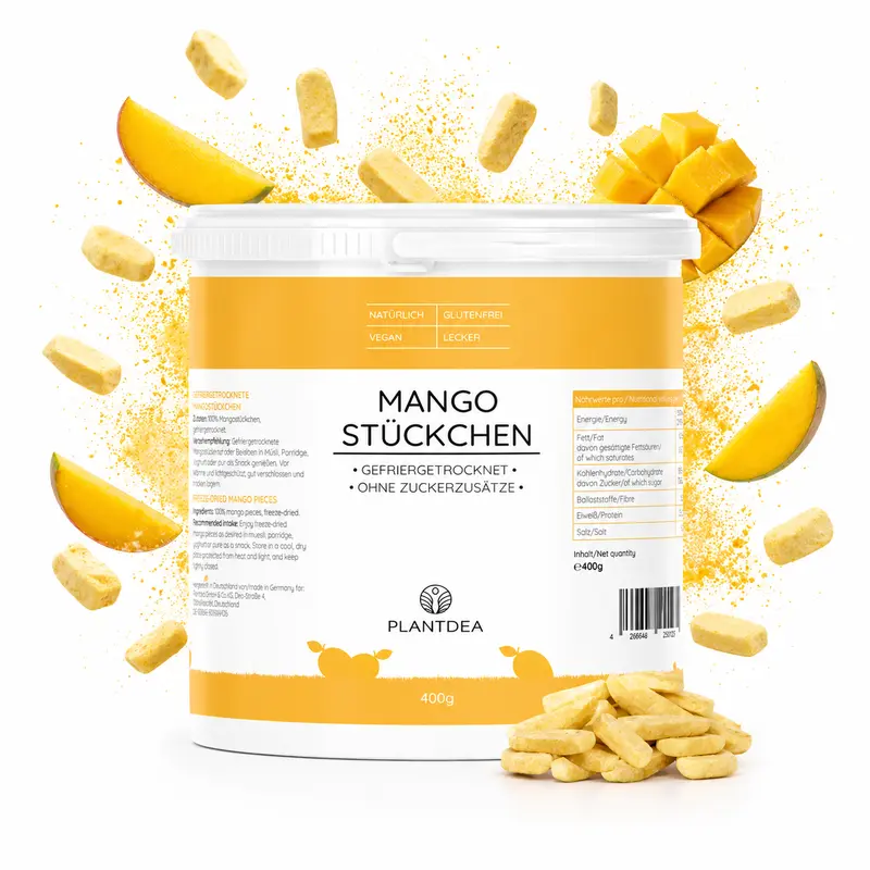 Gefriergetrocknete Mangostückchen I 100% Frucht I Ohne Zuckerzusatz I Vegan & Glutenfrei I Knuspriger Snack & Topping I Freeze-dried mango slices I Gefriergetrocknete Mango | PlantDEA