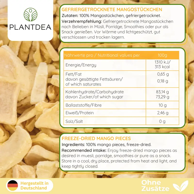 Gefriergetrocknete Mangostückchen I 100% Frucht I Ohne Zuckerzusatz I Vegan & Glutenfrei I Knuspriger Snack & Topping I Freeze-dried mango slices I Gefriergetrocknete Mango | PlantDEA - Image 4