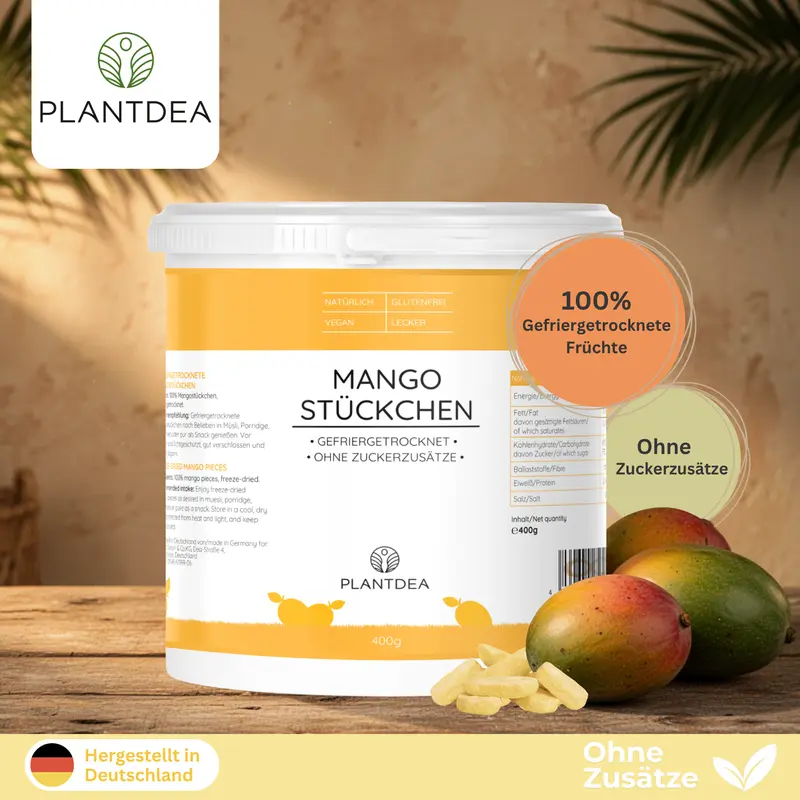 Gefriergetrocknete Mangostückchen I 100% Frucht I Ohne Zuckerzusatz I Vegan & Glutenfrei I Knuspriger Snack & Topping I Freeze-dried mango slices I Gefriergetrocknete Mango | PlantDEA - Image 5