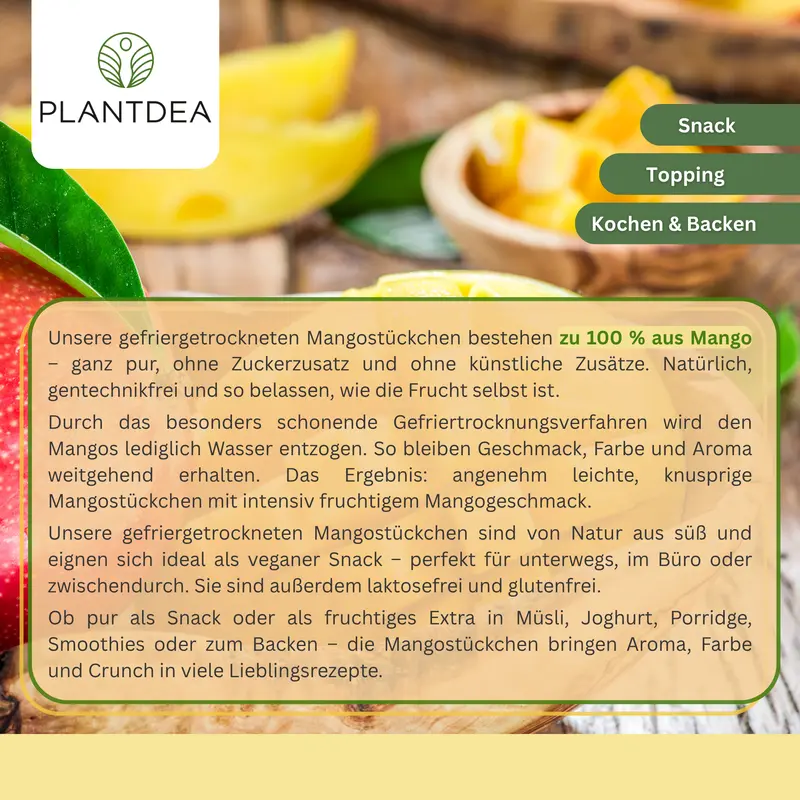Gefriergetrocknete Mangostückchen I 100% Frucht I Ohne Zuckerzusatz I Vegan & Glutenfrei I Knuspriger Snack & Topping I Freeze-dried mango slices I Gefriergetrocknete Mango | PlantDEA - Image 2